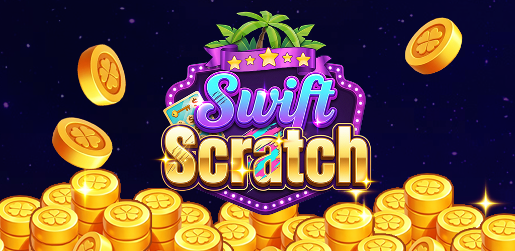 Swift Scratch colourful scratch-card world with coins, a palm, and the game title